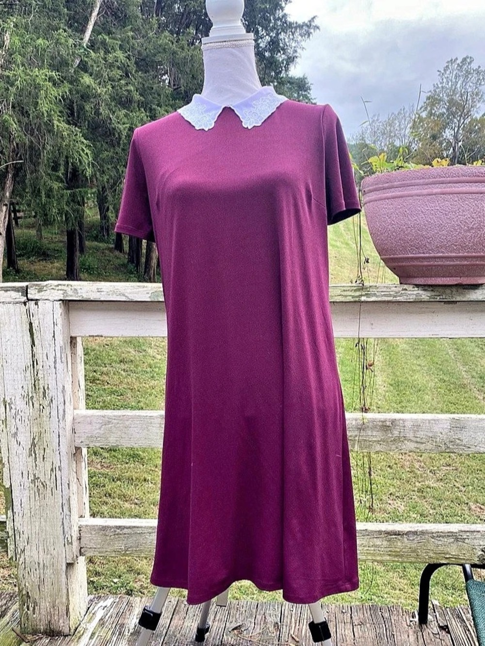 ELLE Burgundy Shift Dress with White Embroidered Collar Midi Dress Purple Medium